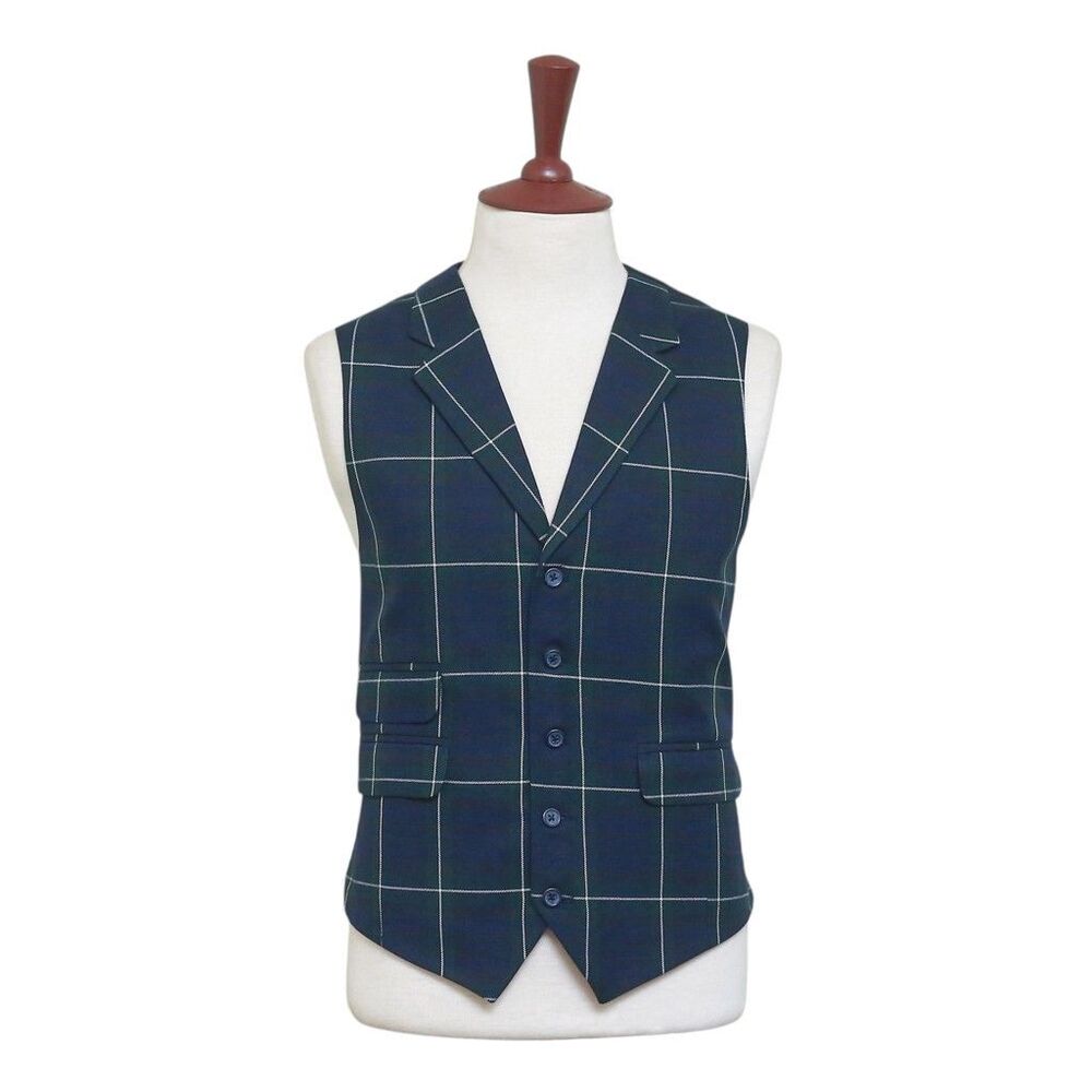 Mens Vest 44R Tartan Plaid Wool Blue Green White Lapel Waistcoat Formal Wedding